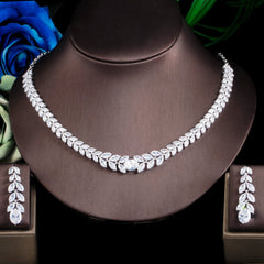 ThreeGraces Elegant Nigerian Leaf Sparkling White Cubic Zirconia Engagement Necklace Drop Earrings Costume Jewelry Sets JS643
