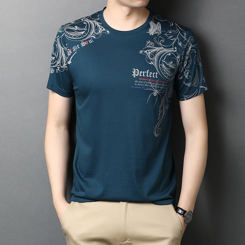 Top Quality Mercerized Cotton Summer Print New Brand Tops O Neck t Shirt Men 2023 Short Sleeve Casual Fashion Mens Clothing