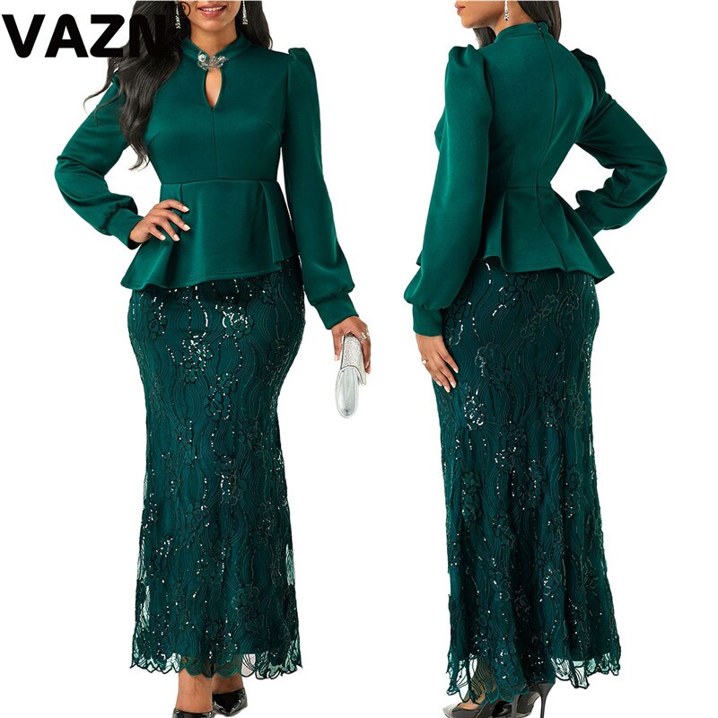 VAZN New chic 2020 spring sexy lady 3 colors long dress full sleeve ruffles ankle-length trumpet dress lady special party dress