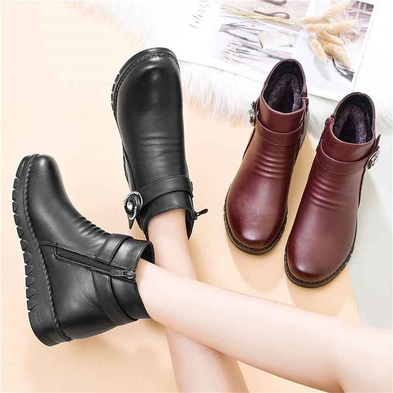 ZZPOHE Winter Boots Genuine Leather Wedge Heels Women Snow Boots Famale Non-slip Warm Fur Ankle Boots Women&#39;s Casual Shoes