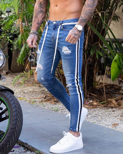 Skinny Jeans Men Hip Hop striped  elastic slim fit Denim