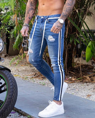 Skinny Jeans Men Hip Hop striped  elastic slim fit Denim