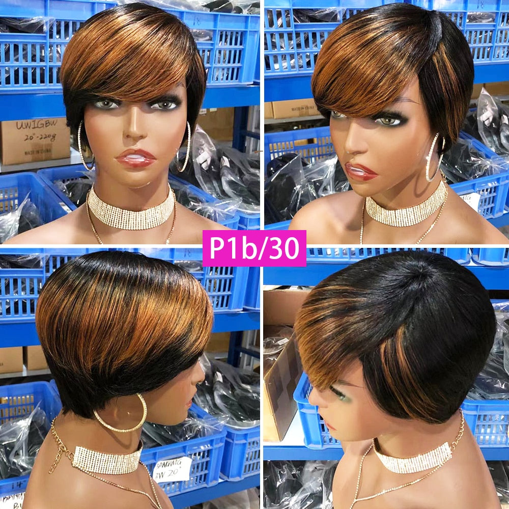 VIP Short Pixie Cut Wig Cheap Human Hair Wigs Straight Bob Wigs With Bangs Full Machine Human Hair for Black Women Black &amp; Ombre