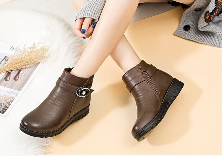 ZZPOHE Winter Boots Genuine Leather Wedge Heels Women Snow Boots Famale Non-slip Warm Fur Ankle Boots Women&#39;s Casual Shoes