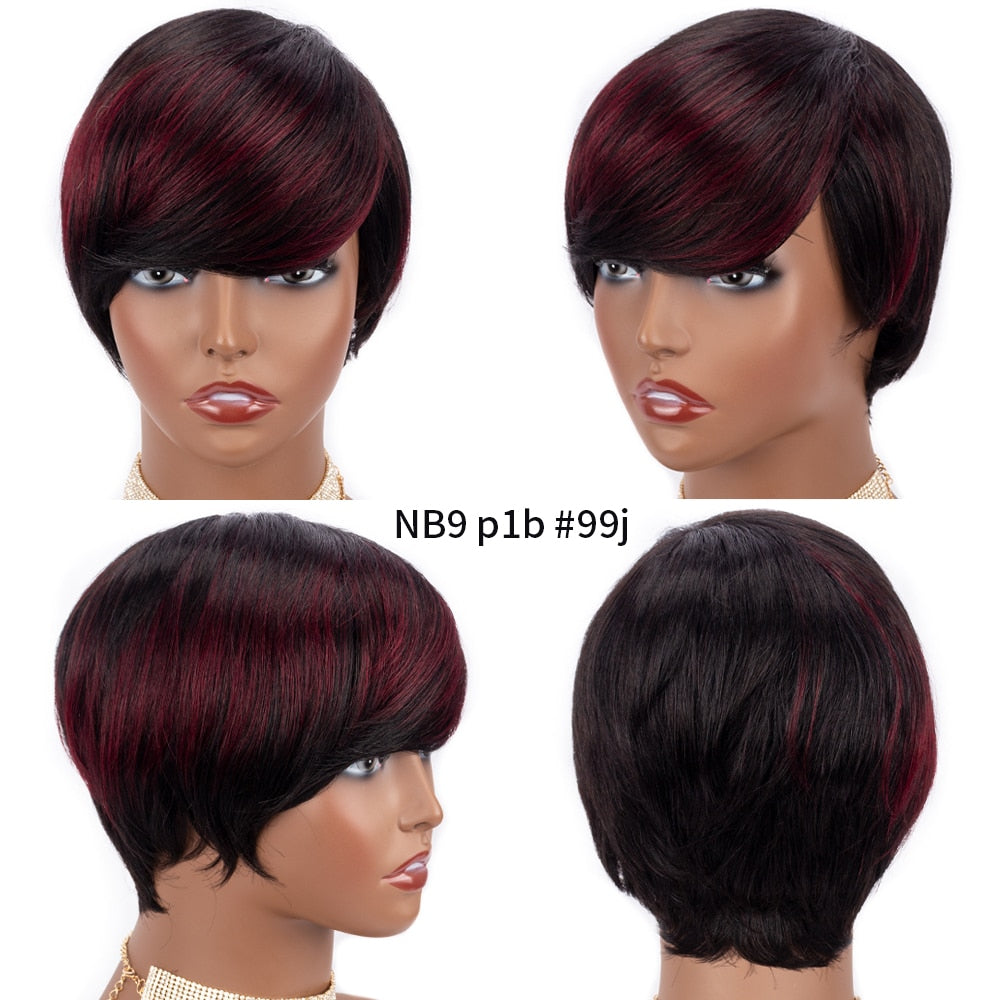 VIP Short Pixie Cut Wig Cheap Human Hair Wigs Straight Bob Wigs With Bangs Full Machine Human Hair for Black Women Black &amp; Ombre