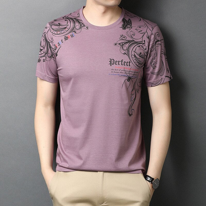 Top Quality Mercerized Cotton Summer Print New Brand Tops O Neck t Shirt Men 2023 Short Sleeve Casual Fashion Mens Clothing