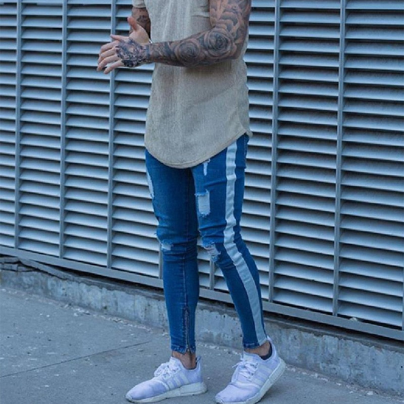 Skinny Jeans Men Hip Hop striped  elastic slim fit Denim