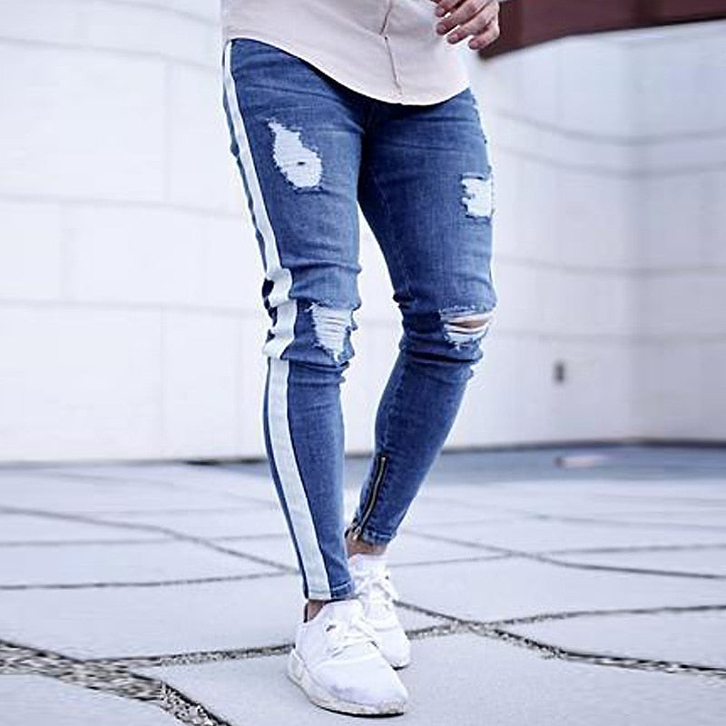 Skinny Jeans Men Hip Hop striped  elastic slim fit Denim