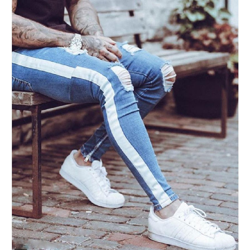 Skinny Jeans Men Hip Hop striped  elastic slim fit Denim