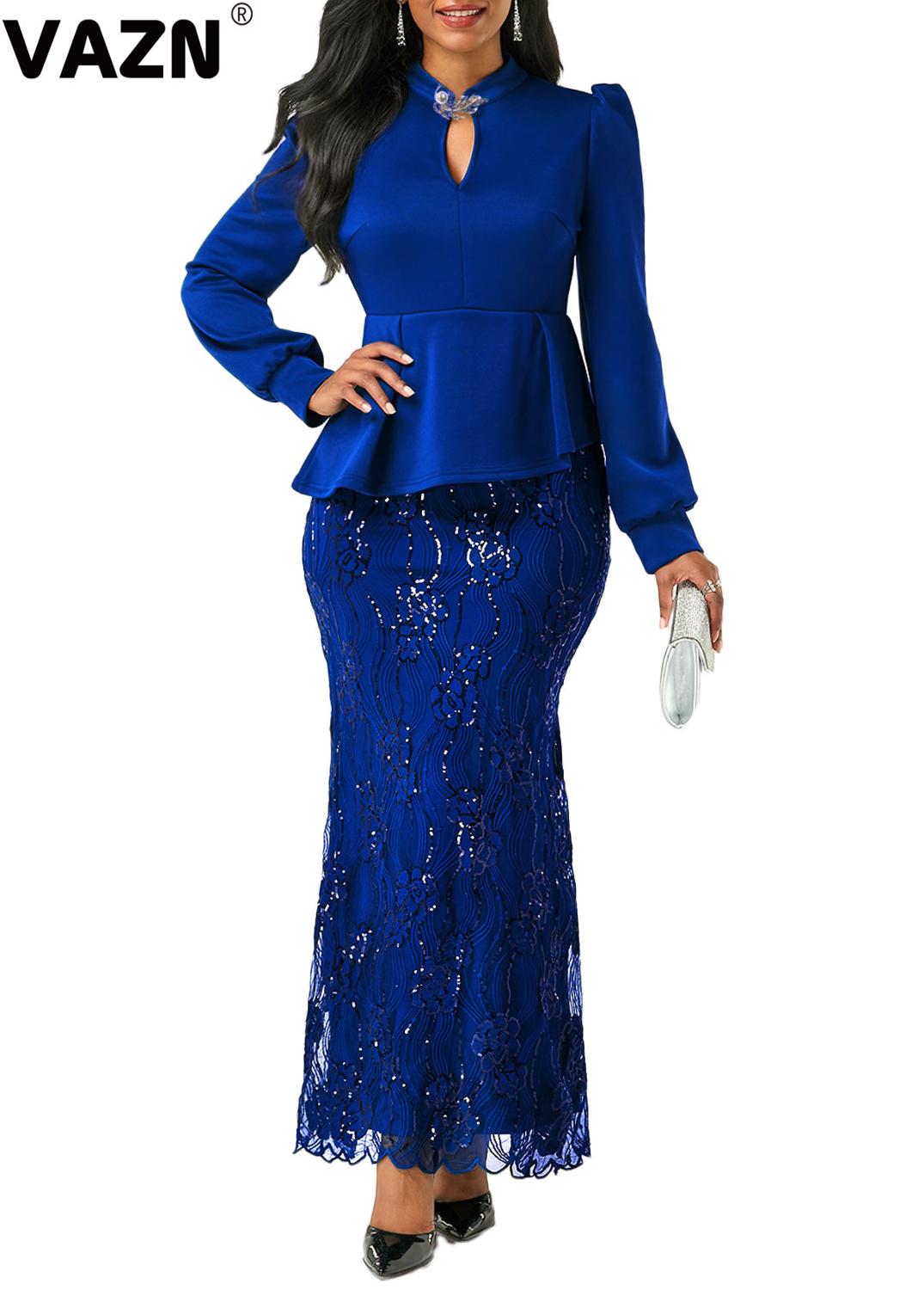 VAZN New chic 2020 spring sexy lady 3 colors long dress full sleeve ruffles ankle-length trumpet dress lady special party dress
