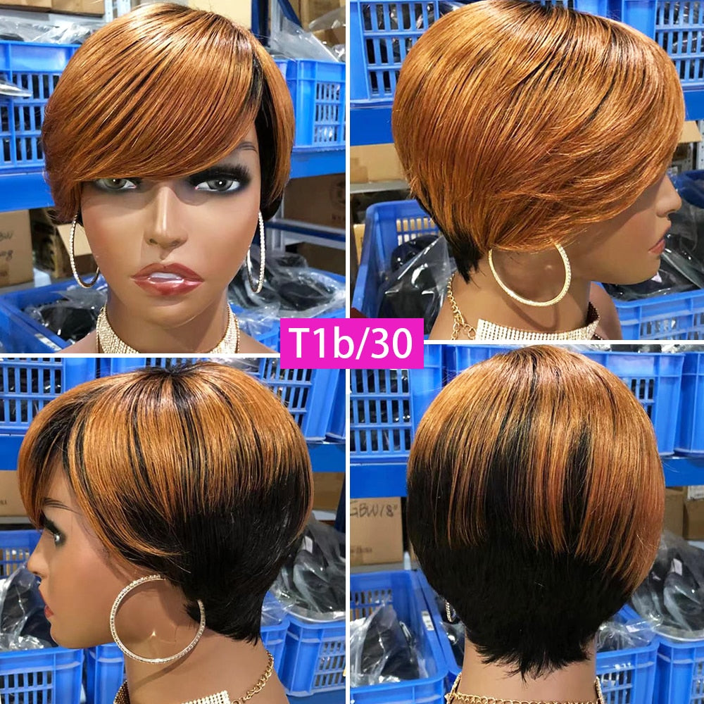 VIP Short Pixie Cut Wig Cheap Human Hair Wigs Straight Bob Wigs With Bangs Full Machine Human Hair for Black Women Black &amp; Ombre