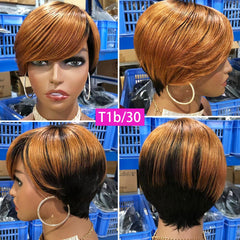 VIP Short Pixie Cut Wig Cheap Human Hair Wigs Straight Bob Wigs With Bangs Full Machine Human Hair for Black Women Black &amp; Ombre