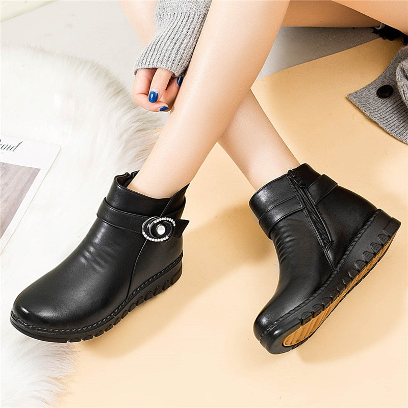 ZZPOHE Winter Boots Genuine Leather Wedge Heels Women Snow Boots Famale Non-slip Warm Fur Ankle Boots Women&#39;s Casual Shoes