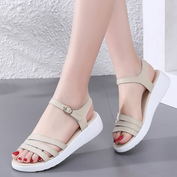 Summer Split leather Women sandals Three Strap Low heel wedge sandals Woman Flats sandals ladies Beach sandals