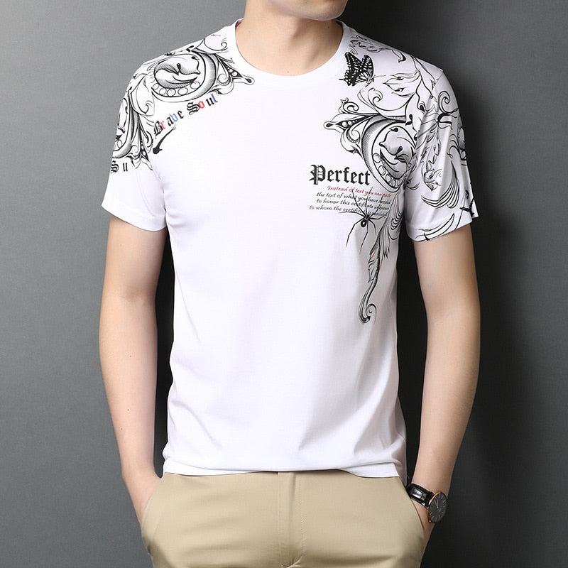Top Quality Mercerized Cotton Summer Print New Brand Tops O Neck t Shirt Men 2023 Short Sleeve Casual Fashion Mens Clothing