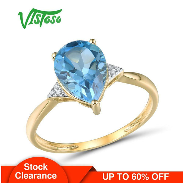 VISTOSO Pure14K 585 Yellow Gold Ring For Women Sparkling Diamond Limpid Blue Topaz Anniversary Classic Fine Jewelry