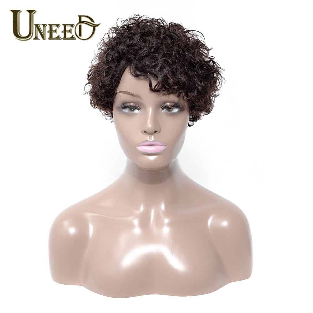 Uneed Short Curly Bob Wig Brazilian Curly Human Hair Wigs For Women Natural Black Non Remy Hair 130% Density Jerry Curl Wigs