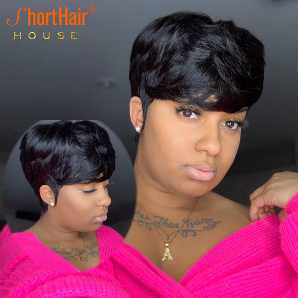 Short Pixie Cut Wig Wavy Wigs For Women Human Hair Wigs Bob With Bangs Wig Brazilian Hair Full Machine Made Wig Straight Bob Wig