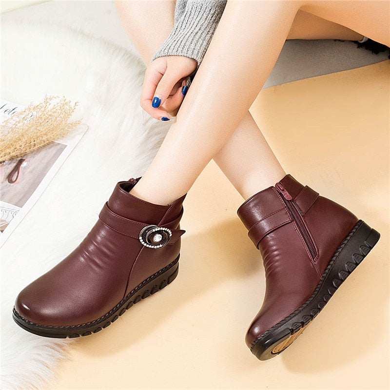 ZZPOHE Winter Boots Genuine Leather Wedge Heels Women Snow Boots Famale Non-slip Warm Fur Ankle Boots Women&#39;s Casual Shoes