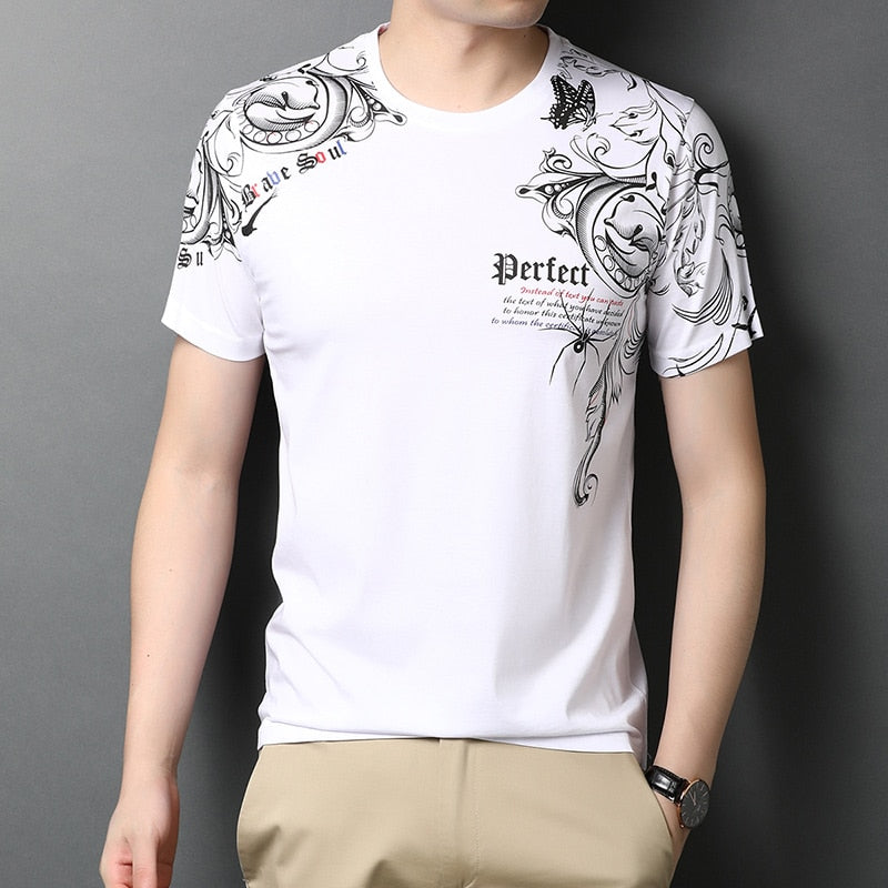 Top Quality Mercerized Cotton Summer Print New Brand Tops O Neck t Shirt Men 2023 Short Sleeve Casual Fashion Mens Clothing