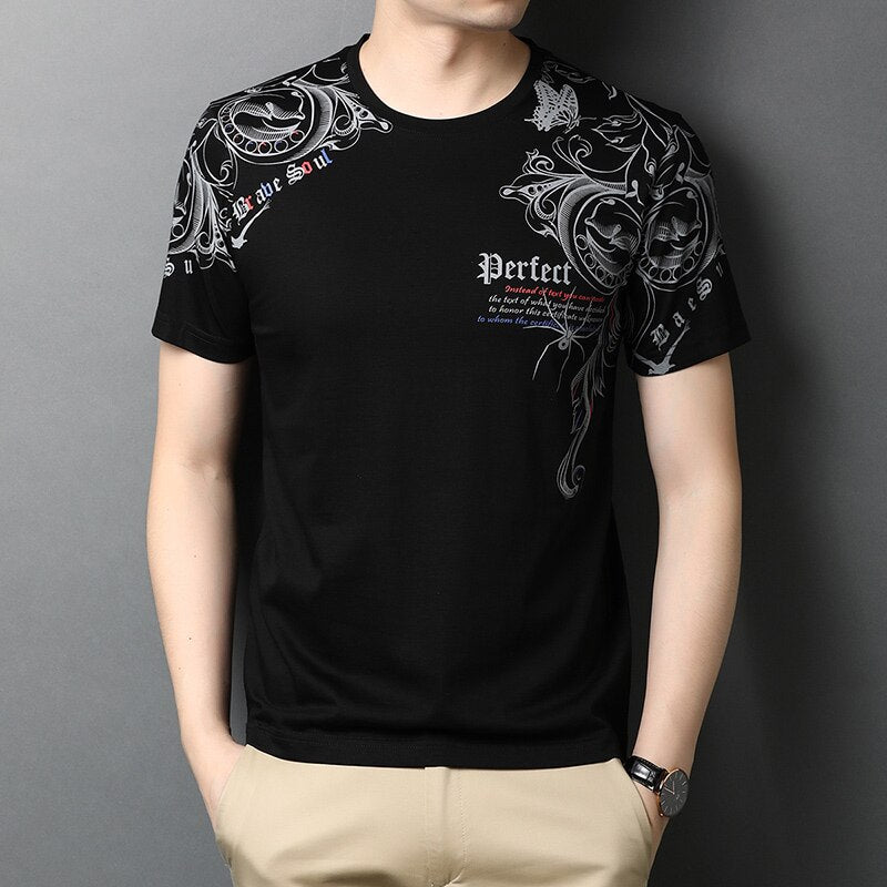 Top Quality Mercerized Cotton Summer Print New Brand Tops O Neck t Shirt Men 2023 Short Sleeve Casual Fashion Mens Clothing