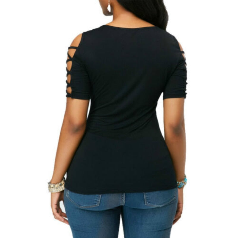 Women Lace T-shirt Solid Color Mesh Round Neck Short Sleeve Bandage Hollow Out Slim Tee Top Summer Casual Tops