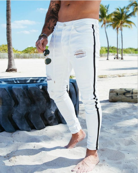 Skinny Jeans Men Hip Hop striped  elastic slim fit Denim