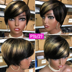 VIP Short Pixie Cut Wig Cheap Human Hair Wigs Straight Bob Wigs With Bangs Full Machine Human Hair for Black Women Black &amp; Ombre