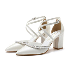 Women's Shoes High Heels Sexy Pumps Wedding Bride Shoes Pearl Rhinestones Thick High-heeled Pointed Toe For Spring 2022 Sandals