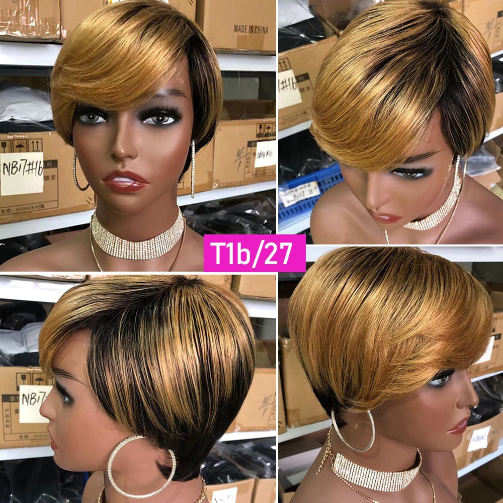 VIP Short Pixie Cut Wig Cheap Human Hair Wigs Straight Bob Wigs With Bangs Full Machine Human Hair for Black Women Black &amp; Ombre