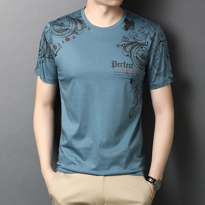 Top Quality Mercerized Cotton Summer Print New Brand Tops O Neck t Shirt Men 2023 Short Sleeve Casual Fashion Mens Clothing