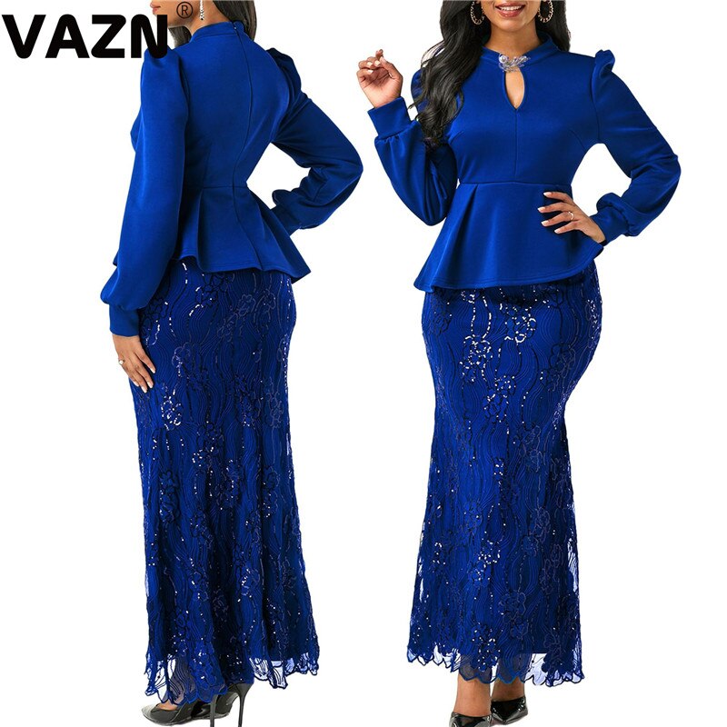 VAZN New chic 2020 spring sexy lady 3 colors long dress full sleeve ruffles ankle-length trumpet dress lady special party dress