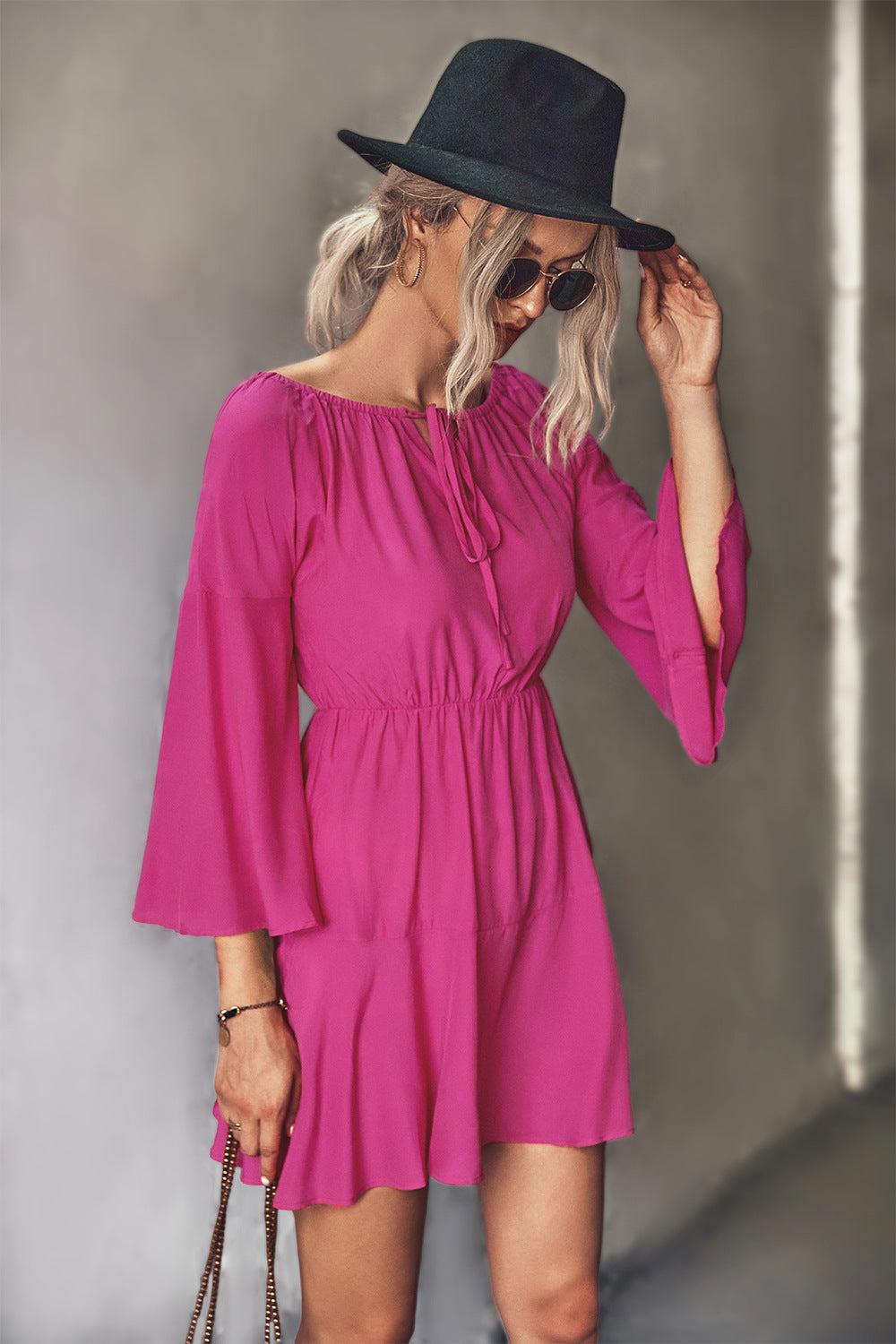 Tie Neck Flare Sleeve Tiered Dress - Women & Men Fashion Store | JL Fashion Store