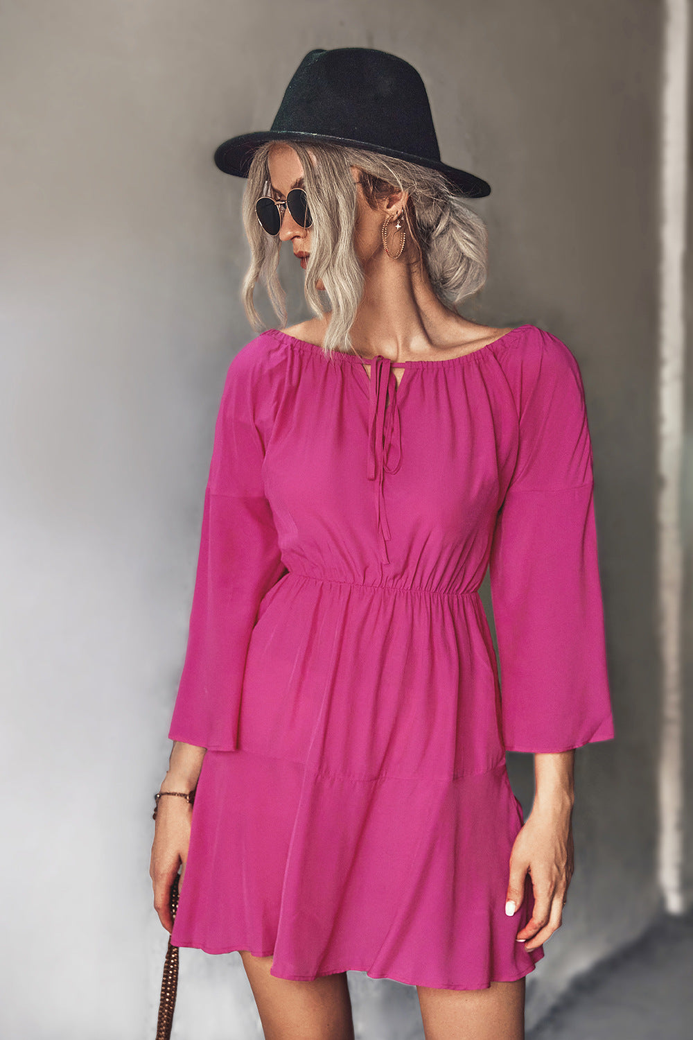 Tie Neck Flare Sleeve Tiered Dress - Women & Men Fashion Store | JL Fashion Store