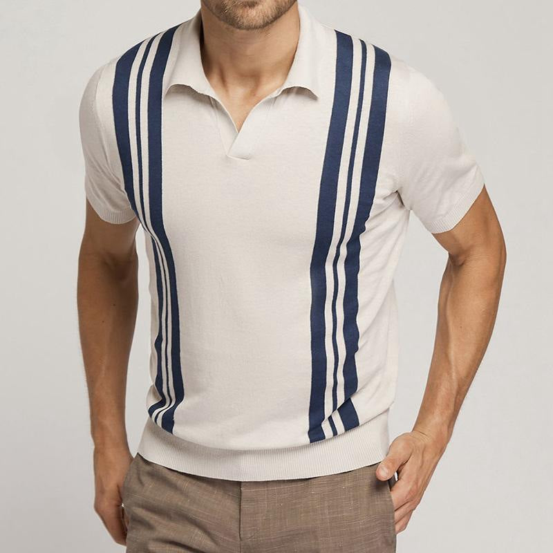 Trendy European and American-Style Striped Knitted Polo Shirt Short Sleeves for Summer