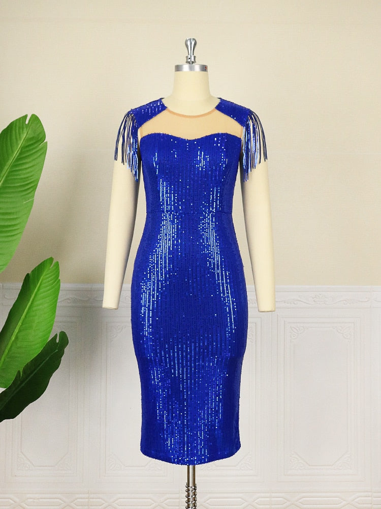 Summer Sequin Dress Big Size Elegant Women Shiny Fringe Mesh Contrast Knee Length Stretch Bodycon Party Evening Event Robes