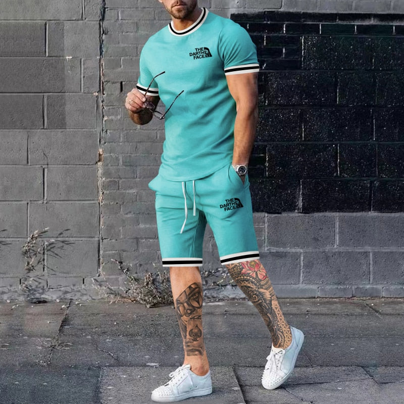 Summer Men&#39;s New Solid Color Round Neck Top Shorts Suit Male Fashion Sports T-shirt Casual Set