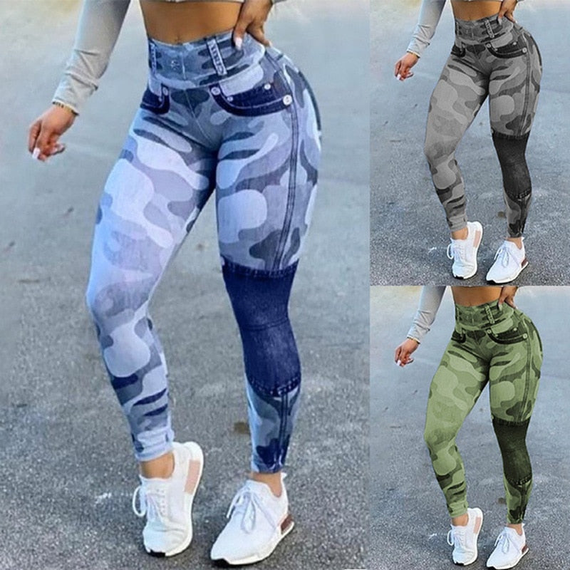 Women&#39;s Pants 2022 Autumn Fashion High Waist Camouflage Slim Pants Button Stitching Casual Skinny Long Leggings