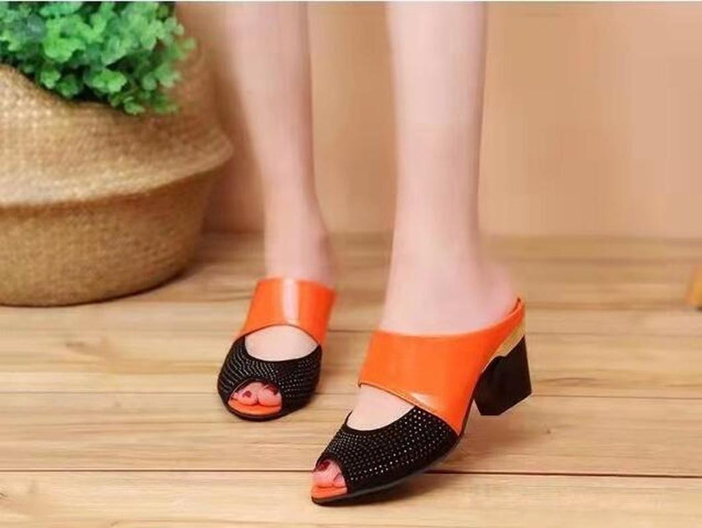 Women Sandals Square Heel 2022 Summer Shoes Woman Fashion Slides Cut-out Open Toe Slip On Mothers Sandal Female Bling Slippers