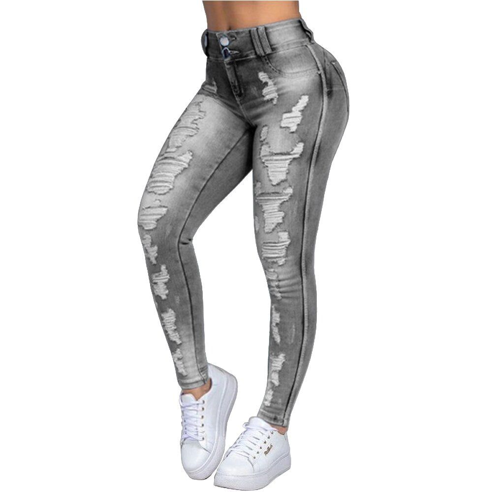 Plus Size Women Skinny Jeans Ripped Causal Denim Pants Light Washed High Waist Tight Ladies Jeans Causal Hole Female Trousers