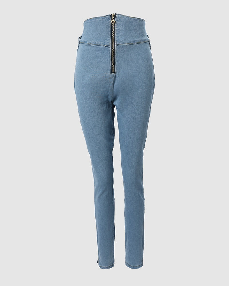 Zipper Design High Waist Skinny Jeans Women Spring Summer Solid Color Fashion Ankle Length Denim Pants Jeans