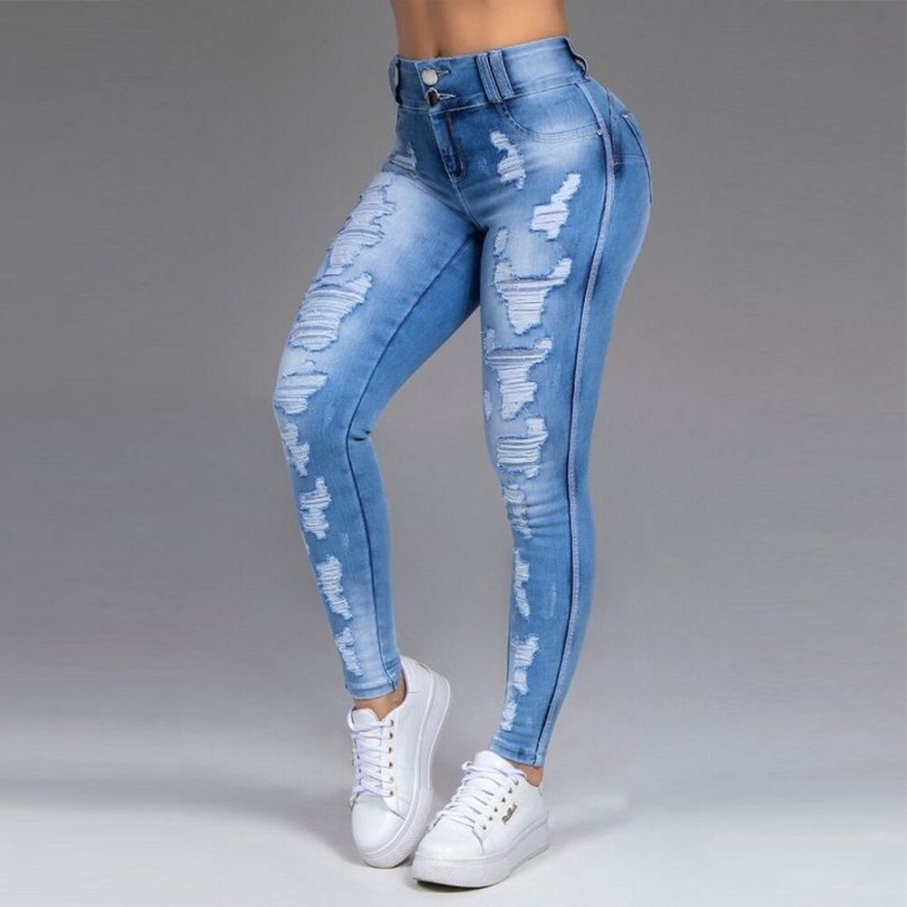 Plus Size Women Skinny Jeans Ripped Causal Denim Pants Light Washed High Waist Tight Ladies Jeans Causal Hole Female Trousers