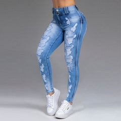 Plus Size Women Skinny Jeans Ripped Causal Denim Pants Light Washed High Waist Tight Ladies Jeans Causal Hole Female Trousers