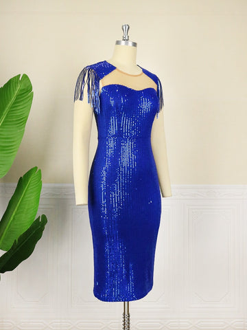 Summer Sequin Dress Big Size Elegant Women Shiny Fringe Mesh Contrast Knee Length Stretch Bodycon Party Evening Event Robes