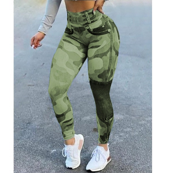 Women&#39;s Pants 2022 Autumn Fashion High Waist Camouflage Slim Pants Button Stitching Casual Skinny Long Leggings