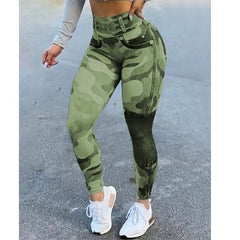 Women's Pants 2022 Autumn Fashion High Waist Camouflage Slim Pants Button Stitching Casual Skinny Long Leggings