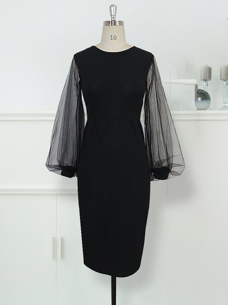 Women Bodycon Dress sheer long lantern sleeve