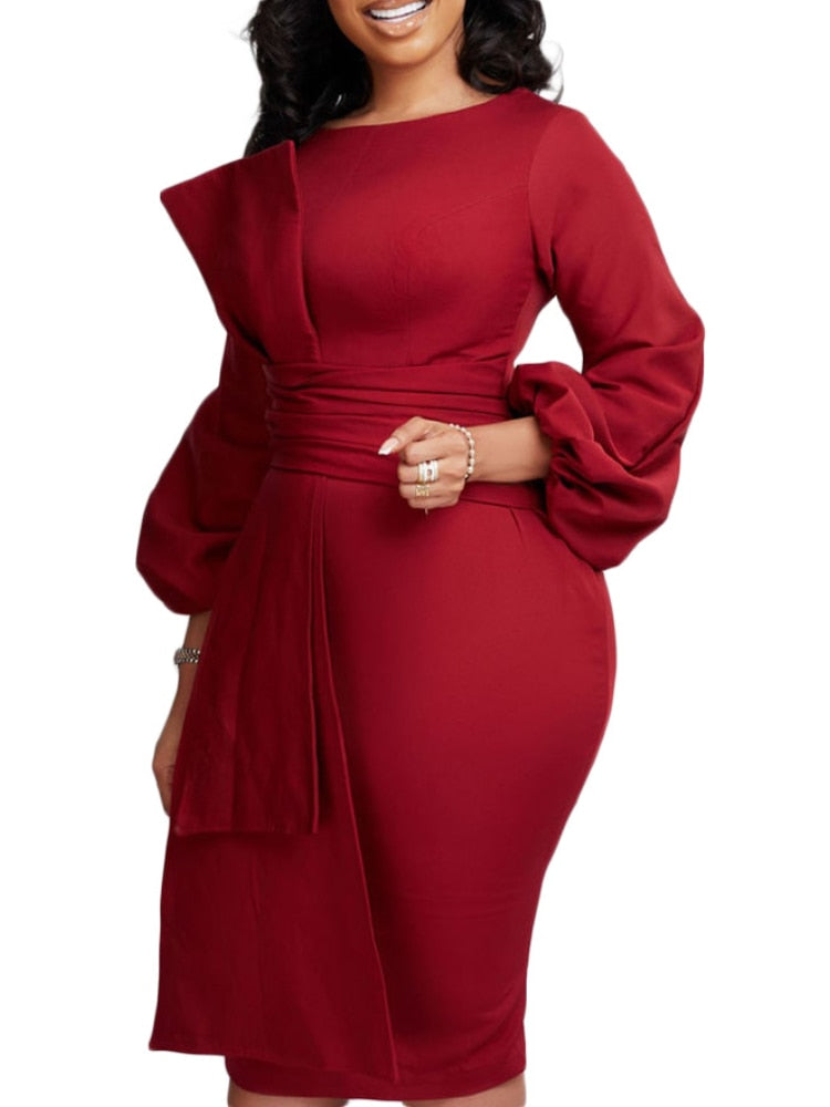 Women Dress Bodycon Elegant Slim Office Ladies Long Sleeves O Neck High Waist Package Hip Classy Female African Work Wear Robes