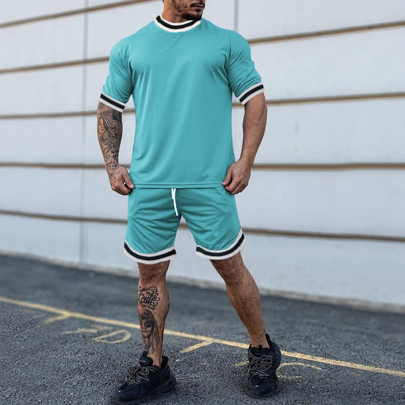 Summer Men&#39;s New Solid Color Round Neck Top Shorts Suit Male Fashion Sports T-shirt Casual Set