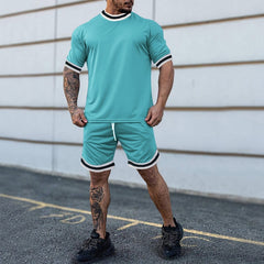 Summer Men's New Solid Color Round Neck Top Shorts Suit Male Fashion Sports T-shirt Casual Set